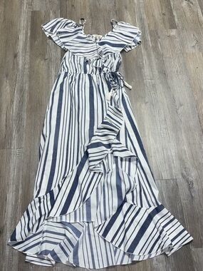 Blush Flutter Sleeve Striped Ruffle Off The Shoulder Dress Blue And White Size M
